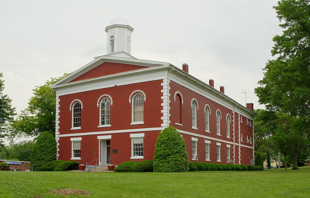 Iron County Courthouse front facade with blue sky, 2014